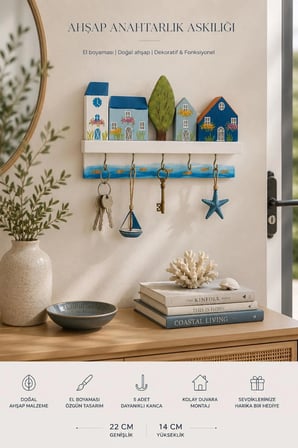 El Boyaması Ahşap Anahtarlık Askılığı 22x14 cm | 5 Kancalı Dekoratif Duvar Askısı | Ev Temalı