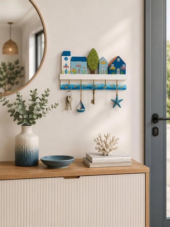 El Boyaması Ahşap Anahtarlık Askılığı 22x14 cm | 5 Kancalı Dekoratif Duvar Askısı | Ev Temalı
