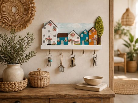 Ahşap Ev Tasarımlı Anahtarlık Askısı 26x15 cm | 5 Kancalı Dekoratif Duvar Anahtarlığı