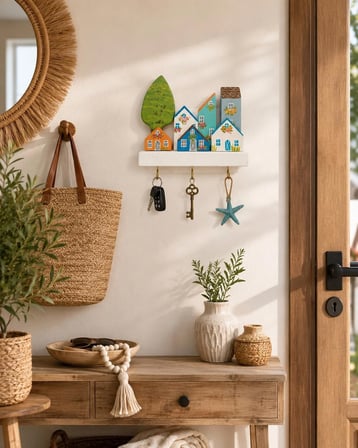 Ahşap Evler Anahtarlık Askılığı | El Boyaması Dekoratif Duvar Askısı 15x14 cm