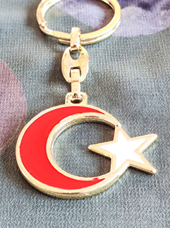 Sarı Metal Kırmızı Ay Beyaz Yıldız Figürlü Anahtarlık