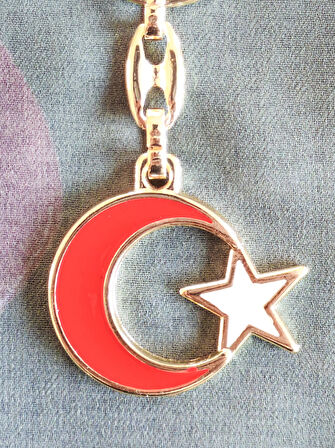Sarı Metal Kırmızı Ay Beyaz Yıldız Figürlü Anahtarlık