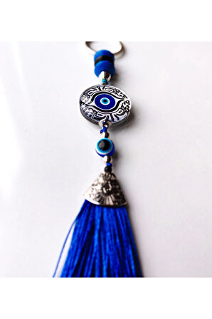 Gri Mavi Cam Boncuklu Püsküllü Mavi Anahtarlık