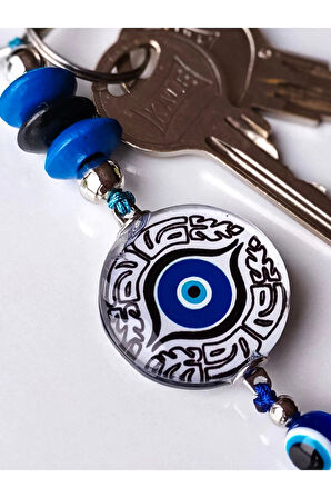 Gri Mavi Cam Boncuklu Püsküllü Mavi Anahtarlık