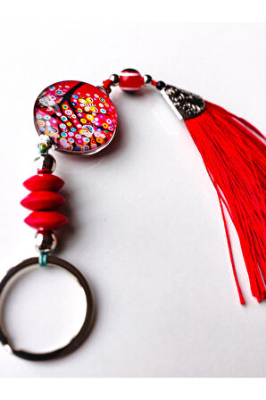 Kırmızı Boncuklu Cam Hayat Ağacı Kırmızı Püsküllü Anahtarlık