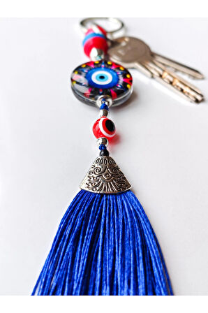 Kırmızı Siyah Cam Boncuklu Mavi Püsküllü Anahtarlık