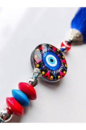 Kırmızı Siyah Cam Boncuklu Mavi Püsküllü Anahtarlık