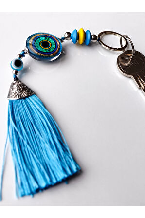 Mavi Cam Boncuklu Mavi Püsküllü Anahtarlık