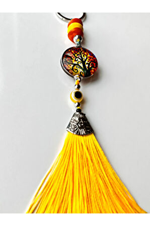 Sarı Cam Hayat Ağacı Desenli Sarı Püsküllü Anahtarlık