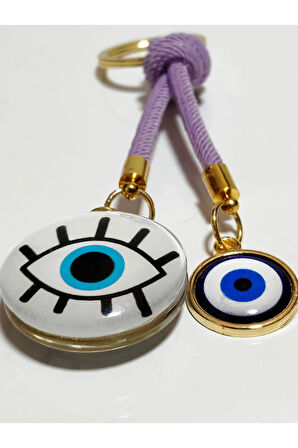 Göz Desenli Beyaz Cam Boncuk ve Küçük Sarı Metal Nazar Boncuklu Anahtarlık