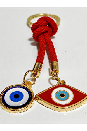 Kırmızı ve Mavi Nazar Boncuklu Sarı Metalli Kırmızı İpli Anahtarlık