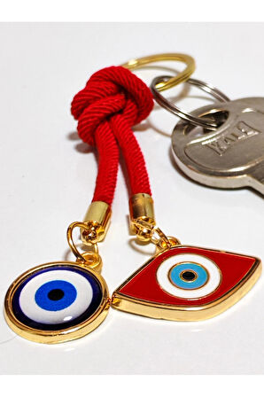 Kırmızı ve Mavi Nazar Boncuklu Sarı Metalli Kırmızı İpli Anahtarlık