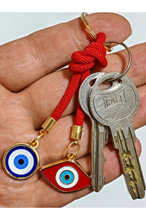 Kırmızı ve Mavi Nazar Boncuklu Sarı Metalli Kırmızı İpli Anahtarlık