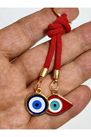 Kırmızı ve Mavi Nazar Boncuklu Sarı Metalli Kırmızı İpli Anahtarlık