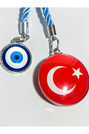 Türk Bayraklı Cam Boncuklu ve Nazar Boncuklu Anahtarlık