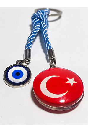 Türk Bayraklı Cam Boncuklu ve Nazar Boncuklu Anahtarlık