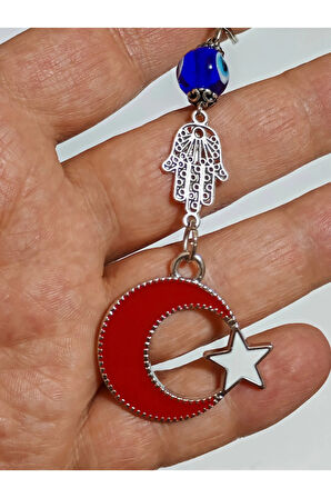 Metal Ay Yıldızlı Türk Bayraklı ve Metal Fatımanın Eli-Hamsalı Anahtarlık