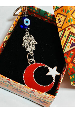 Metal Ay Yıldızlı Türk Bayraklı ve Metal Fatımanın Eli-Hamsalı Anahtarlık