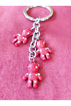 Kırmızı 3 Küçük Ayıcıklı Metal Anahtarlık