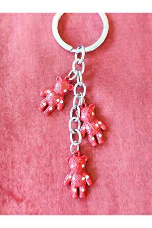 Kırmızı 3 Küçük Ayıcıklı Metal Anahtarlık