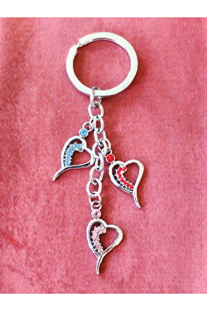 Mavi Pembe ve Kırmızıdan Camlı Kalplerden Metal Anahtarlık
