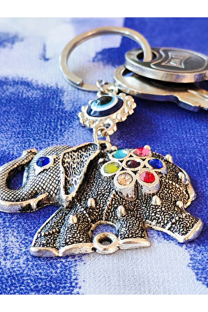 Renkli Taş Süslemeli Fil Metal Anahtarlık