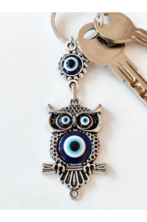 Baykuş Şekilli Üzeri Cam Göz Süslemeli İnce İşlemeli Metal Anahtarlık