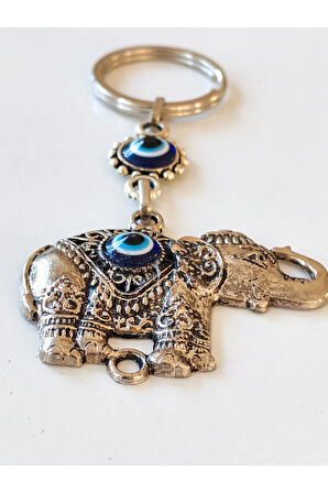 Fil Şekilli Üzeri Cam Göz Süslemeli İnce İşlemeli Metal Anahtarlık