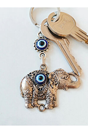 Fil Şekilli Üzeri Cam Göz Süslemeli İnce İşlemeli Metal Anahtarlık
