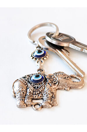 Fil Şekilli Üzeri Cam Göz Süslemeli İnce İşlemeli Metal Anahtarlık