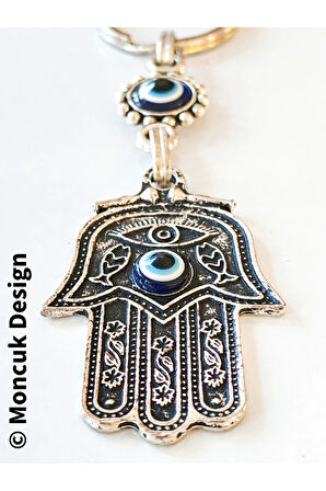 Fatımanın Eli Şeklinde Üzeri Nazar Boncuğu Camlarıyla Bezeli Metal Anahtarlık