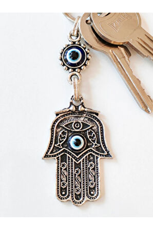 Fatımanın Eli Şeklinde Üzeri Nazar Boncuğu Camlarıyla Bezeli Metal Anahtarlık