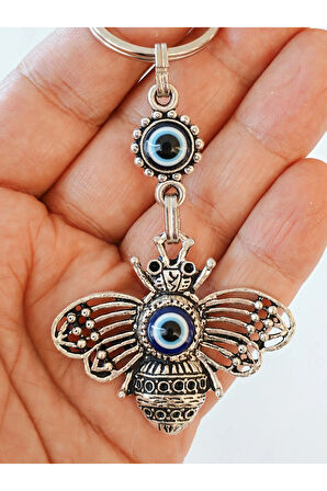 Nazar Boncuklu İşlemeli Metal Arı Anahtarlık