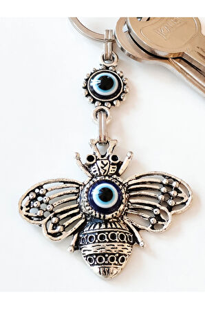 Nazar Boncuklu İşlemeli Metal Arı Anahtarlık