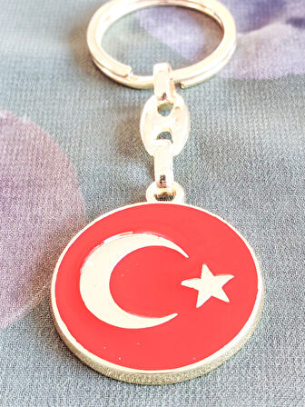 Yuvarlak Kırmızı Zeminde Sarı Altın Renkli Ay Yıldız Figürlü Anahtarlık