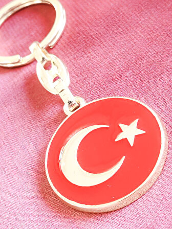 Yuvarlak Kırmızı Zeminde Sarı Altın Renkli Ay Yıldız Figürlü Anahtarlık