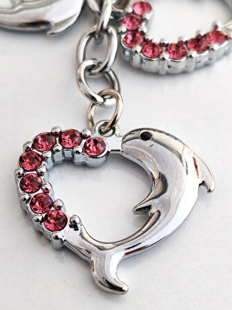 Yunus Balıklı Kalp Şeklinde Üzeri Pembe Taşlı Kalplerden Metal Anahtarlık