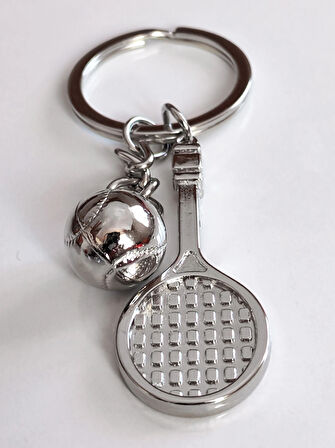 Gümüş Rengi Tenis Raketi ve Tenis Topu Şeklinde Metal Anahtarlık