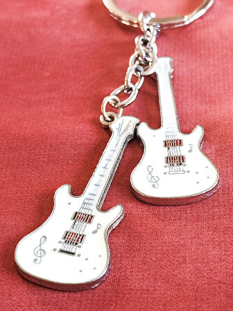 Beyaz İki Gitarlı Metal Anahtarlık