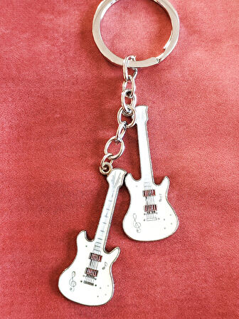 Beyaz İki Gitarlı Metal Anahtarlık