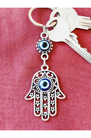 Mavi Göz boncuklu Fatımanın Eli Metal anahtarlık