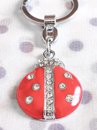 Üzeri Taşlarla Bezeli Kırmızı Uğur Böceği Metal Anahtarlık