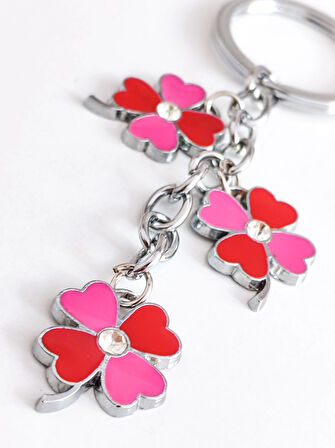 Kırmızı Pembe Renkli 4 Yapraklı Yonca Metal Anahtarlık