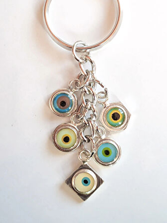 Zincirli Farklı Renklerde Küçük Cam Gözlerden Oluşan Metal Anahtarlık