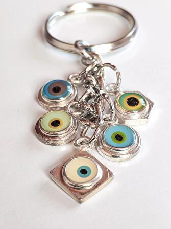 Zincirli Farklı Renklerde Küçük Cam Gözlerden Oluşan Metal Anahtarlık