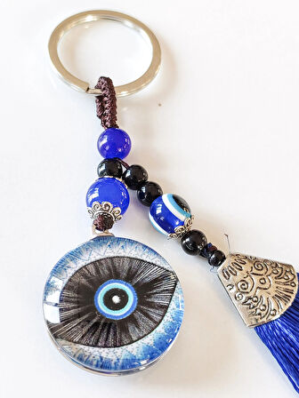 Mavi Püsküllü Göz Desenli Cam Anahtarlık
