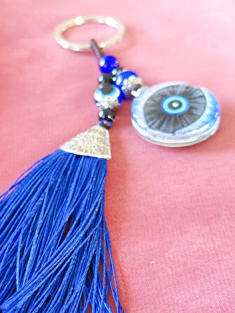 Mavi Püsküllü Göz Desenli Cam Anahtarlık