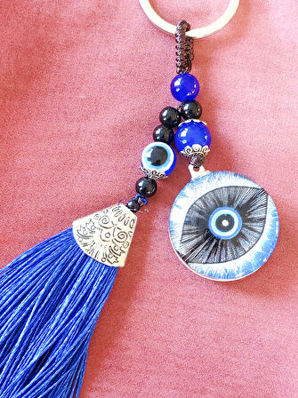 Mavi Püsküllü Göz Desenli Cam Anahtarlık