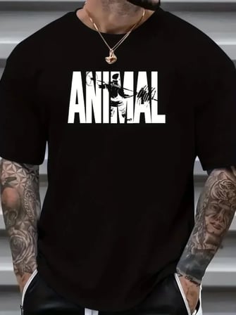 ANIMAL Desen Baskı Erkek Oversive Tişört, Grafik Tişört Erkek Yazlık Outdoor Kıyafetleri, Sporda Ve Günlük Giyime Uygun - Siyah