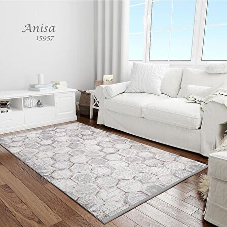 İpek Mekik Halı Anisa Gri Kahve Geometrik Saçaklı Halı